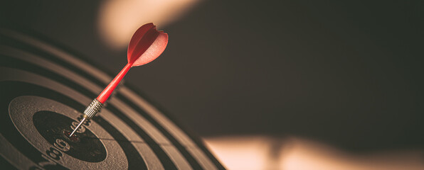 bullseye target goal or dartboard has dart arrow throw hitting center shooting for financial busines