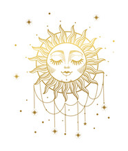 A Beautiful Bohemian Golden Sun With A Face And Closed Eyes, Adorned With Jewels, Stars And Beads. Hand Drawn Vintage Tattoo. Celestial Symbol For Tarot Cards And Astrology. Vector Illustration