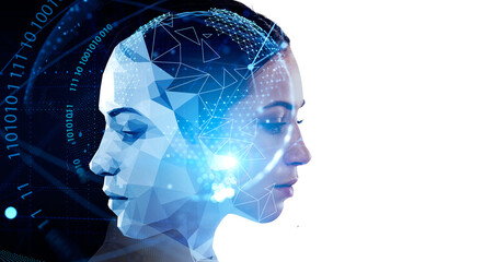 Attractive businesswoman with robot face on white background