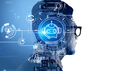 Man profile and voice chat with business icons, binary and circu