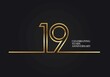 19 Years Anniversary logotype with golden colored font numbers made of one connected line, isolated on black background for company celebration event, birthday