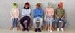 © Studio Romantic - Diverse people in animal masks on head sit on chairs in line wait for interview or recruitment talk. Unknown job candidates in headmasks in queue indoors. Fun at workplace. Banner shot.