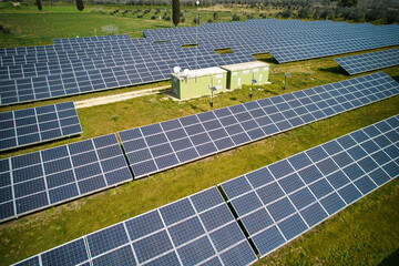 Aerial shot top view of solar panel photovoltaic farm