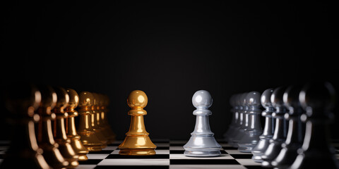 Wall Mural - Two Stand of golden and silver pawn chess with team . Winner of business alliance and marketing strategy planing concept by 3d render.