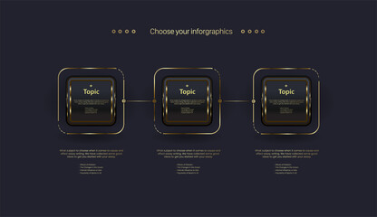 Three dark Luxury Steps buttons Infographic with FIVE options process, a golden rectangle objects chart on dark background