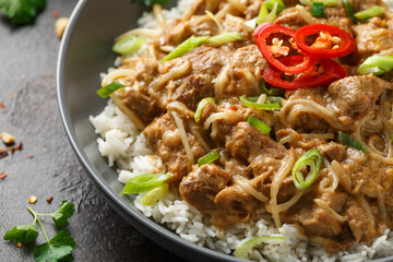 Wall Mural - Thai style peanut pork with bean sprouts and rice. Asian food