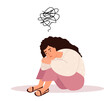 Woman in Depression,Problems,Depressed Unhappy Scared Woman Sitting on Floor with Tangled Thoughts in Head.Character need Professional Psychological Help,Mental Assistance.Cartoon Vector Illustration