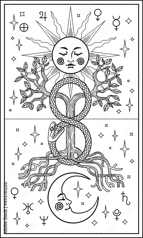 Tarot card with moon, sun, ouroboros and Yggdrasil tree of life from scandinavian mythology. Vector outline for coloring page Stock Vector | Adobe Stock tarot-card-with-moon-sun-ouroboros-and-yggdrasil-tree-of-life-from-scandinavian-mythology-vector-outline-for-coloring-page-stock-vector-adobe-stock