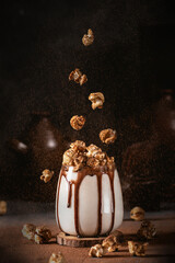 milk cocktail with chocolate and sweet popcorn