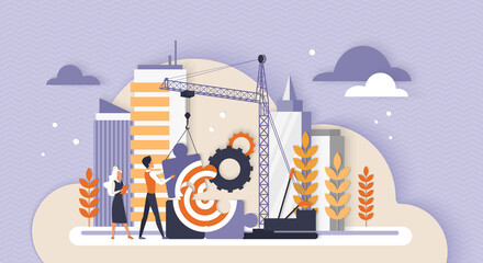 Team building process, brand expansion. Tiny business people build puzzle jigsaw with huge goal target, creative project construction site with tower crane and engineers flat vector illustration