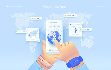 The hand selects a location on the map. World map user interface. Mobile application for travel and tourism. Country statistics. Global map of the world. Vector illustration 3d style