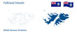Falkland Islands map. British overseas territory in the in the South Atlantic Ocean. Islas Malvinas. Detailed blue outline and silhouette. Country flag. Set of vector maps. All isolated on white