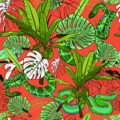  Pattern of tropical flowers and snakes. Seamless illustration of exotic plants and animals for printing on textiles, a blank for a designer