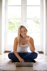Aufkleber - You can find anything online. Smiling young woman sitting on the floor and using her laptop.