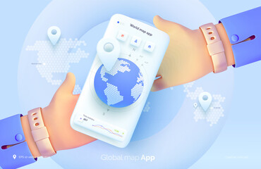 Wall Mural - A hand is holding a smartphone with a world map user interface. Mobile application for travel and tourism. Global map of the world. Vector illustration 3d style