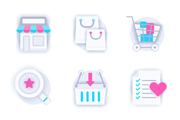 Aufkleber - Shopping web concept of 3d paper icons set. Pack flat pictograms of purchases, shop bags, store, supermarket trolley, searching goods, basket and wish list. Vector elements for mobile app and website