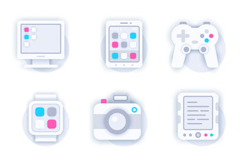 Poster - Personal devices web concept of 3d paper icons set. Pack flat pictograms of desktop computer, smartphone, game joystick, smart watch, photo camera, e-book. Vector elements for mobile app and website