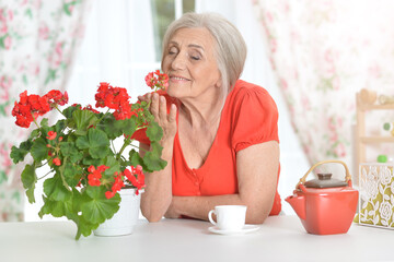 Sticker - beautiful smiling senior woman drinking coffee