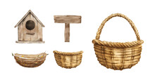 Set Of Watercolor Basket, Bird Nest, Small Wooden House And Sign. Decorative Vintage Elemetns Vector Illustration