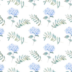 Watercolor seamless pattern witn eucalyptus and  hortensia, hydrangea. Hand drawn illustration. Floral background