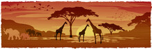African Savanna Landscape At Sunset, Silhouettes Of Animals And Plants, Nature Of Africa. Reserves And National Parks, Vector Batik Background
