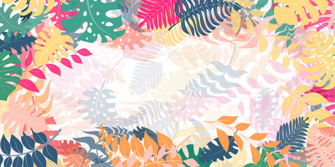 Background with exotic jungle plants. Tropical palm leaves. Rainforest illustration, multicolored on white.