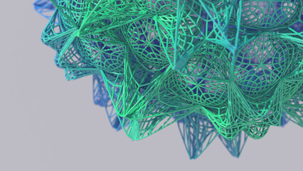 Blue and green mesh fractal array. Gray background. Abstract illustration, 3d render, close-up.