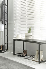 Sticker - Bench with stylish women's shoes near window in dressing room. Interior design