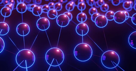 Poster - 3d render with purple and blue spheres with connections, soft focus