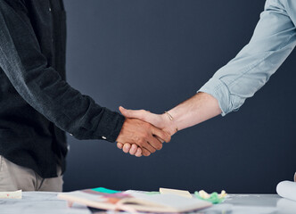 Wall Mural - Partnering up for success. Shot of two unrecognizable businessman shaking hands in a modern office.