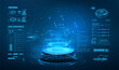 © ZinetroN - Futuristic lighting and bright wrapping aura. The game effect of increasing the level and teleportation process.  Modern futuristic neon blue circle, portal in smoke. Stage for product light platform