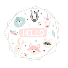 Wall Mural - Cute design with adorable animal faces in pastel colors