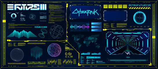 Wall Mural - Retro wave cyberpunk with HUD interface elements and 3D shapes. Retrofuturistic digital set 80s and 90s. Trendy 2022 shapes with Futuristic HUD interface in concept Cyberpunk. Futuristic tech set