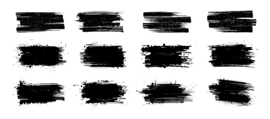 Fototapete - Detailed Ink brushstroke and paintbrush stencil template with splashes. Grunge set black ink brush stroke for text or backdrop. Artistic dirty design elements with drops blots. Vector grunge ink box