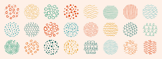 Round pattern abstract, doodle shapes background set. Brush hand drawn texture shapes, curves line, spots, painted drops. Design elements modern trendy natural form, stripes, stamp vector illustration