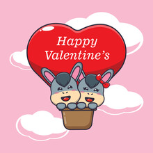 Cute Donkey Cartoon Character Fly With Air Balloon In Valentines Day