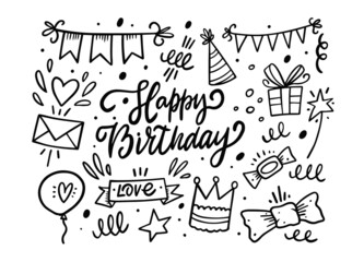 Happy Birthday hand drawn doodle elements set. Black color line art vector illustration.