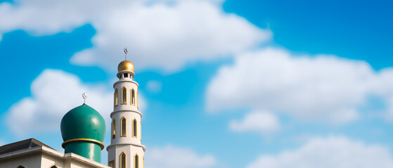 Mosques Dome buiding on blue sky background. ramadan islamic religion symbols. Islamic new year Muharram, Mubarak, Eid al-fitr, Eid al-Adha, arabic concept. portrait with free space.