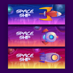 Wall Mural - space ship cartoon banners with rockets flying in cosmos with alien planets and stars. graphic desig