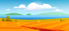 Autumn Nature Landscape, Rural Dirt Road Going Through Yellow Field To Blue Sea Shore Or Lake. Cartoon Fall Season Scenery Background With Path Under Blue Sky With Fluffy Clouds, Vector Illustration