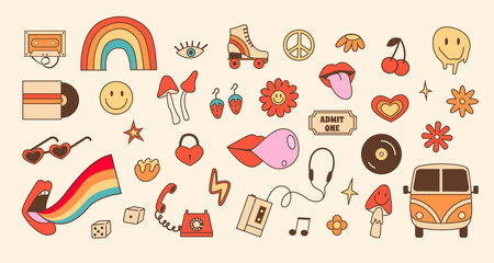 Naklejka na meble Big retro set of stickers with 70s 80s style elements. Old fashioned objects, psychedelic mushroom and daisy flower. Hippie outline colored icons. Vector illustration.