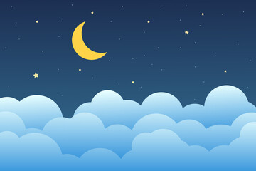 night sky with stars and moon. paper art style. Dreamy background with moon stars and clouds, abstract fantasy background. Half moon, stars and clouds on the dark night sky background.