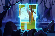 Dark Night Forest With Magic Portal To Alien World With Green Grass And River. Vector Cartoon Fantasy Illustration Of Deep Wood Landscape With Tree Trunks, Swamp And Mystic Gates With Blue Glow