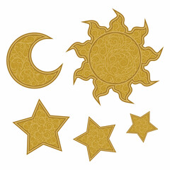 Sun moon star illustration with ornament inside.