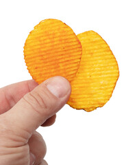 Wall Mural - Chips in hand isolated on white background.