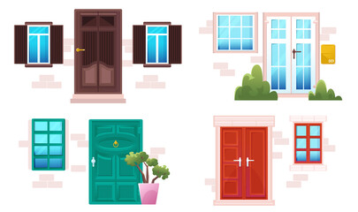 Wall Mural - Cartoon doors and windows, house facades in modern or classic style. Wood and glass entries with stone doorjambs at brick wall. Cottage, hotel exterior architecture design Line art vector illustration