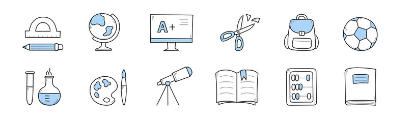 Set school doodle icons protractor, pencil, globe, excellent test result on pc. Scissors, backpack, soccer ball and chemical beakers, paints, telescope, textbook, abacus Line art vector illustration