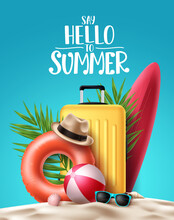 Summer Vector Poster Background Design. Hello Summer Greeting Text With Beach Elements Like Luggage, Floater, And Surfboard For Travel Outdoor Decoration. Vector Illustration.
