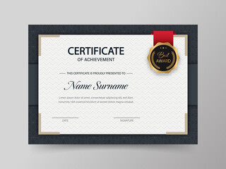 Sticker - Certificate Of Achievement Template With Medal Badge And Zigzag Line Pattern In White And Black Color.