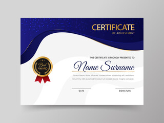 Poster - Best Award Certificate Of Achievement Template In Blue And White Color.